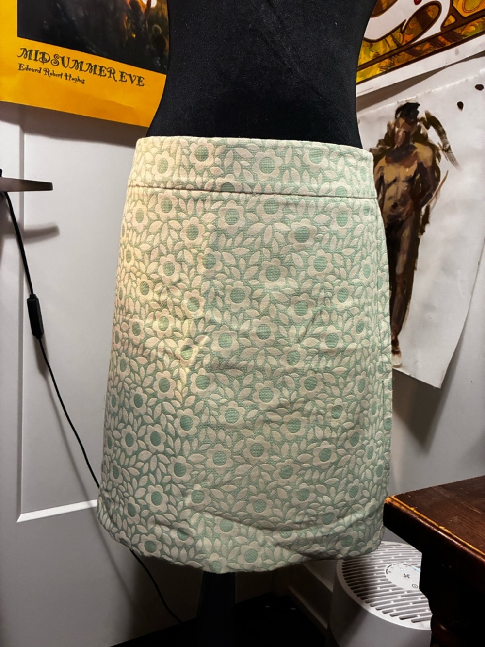 LOFT Mint and Off-White Floral Jacquard A-Line Skirt